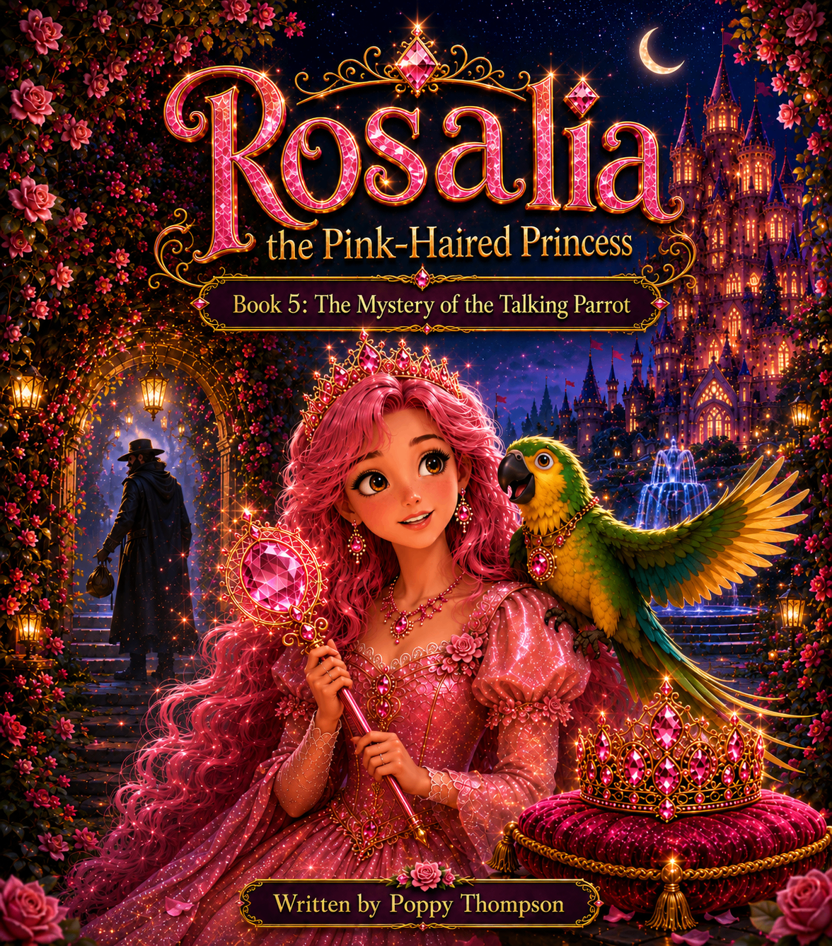 Book cover for Rosalia the Pink-Haired Princess: Book 5 — The Mystery of the Talking Parrot, written by Poppy Thompson