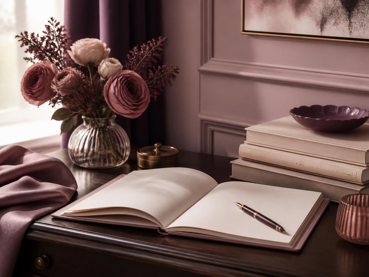 Placeholder publishing image: an open notebook and fountain pen on a desk beside dusty rose blooms and a stack of cream books
